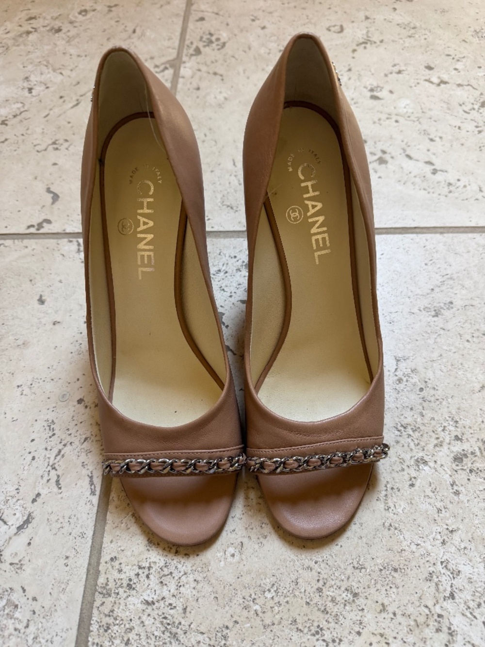 Chanel peep toe heels leather silver chain